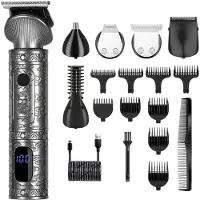 Hatteker 3-in-1 Elektrische Heren Trimmer – Baardtrimmer, Lichaamshaartrimmer & Neustrimmer – LED Display, Waterdicht, USB Oplaadbaar – Grijs