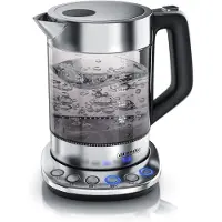 Arendo - Waterkoker van gerookt glas met temperatuurregeling - RVS - Warmhoudfunctie (30 minuten) - Inhoud: 1,5 liter - Borosilicaatglas - Basisstation van roestvrij staal - Modern design