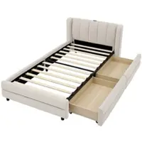 STILVORA Gestoffeerd Bed 90x200 Cm – Eenpersoonsbed Met Usb En Type C – Ergonomisch Hoofdbord – 2 Lades Links Of Rechts – Zonder Matras – Chenille – Beige
