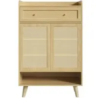 OKWISH : Schoenenkast met twee deuren en een lade, kastje voor de hal met deuren van riet, opbergkast voor woonkamer en hal, eikenhoutdecor