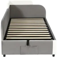 MODFU Kinderbed 90x200 cm – Grijs fluweel – Hydraulische opbergruimte – Zachte verhoogde bedrand – Opbergvak aan voeteneinde