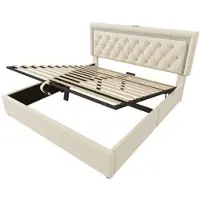 MODFU Bedframe 160x200 cm, fluweel, beige, met LED-hoofdbord, USB/Type-C en opbergruimte