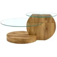 OKWISH Salontafel - Gehard Glas - Meerlaags Met Opbergruimte - Voor Woonkamer - MDF Transparant Houtlook - Boven 49,8 Onder 69,8 Cm