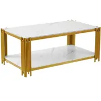 OKWISH Salontafel - Marmerlook Blad - 2 Open Planken - Woonkamer - MDF Wit Goud - 114x64x46 Cm