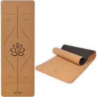 DH FitLife Yogamat van kurk & TPE, mat 183 x 61 x 0,6 cm, fitnessmat, antislip en milieuvriendelijk, sportmat van nature zelfreinigend, yogamat met oriëntatielijnen (grote lotos)