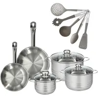 Fackelmann 9217750 Set van 2 Roestvrijstalen Pannen 20/24 cm Etherna & 3 Roestvrijstalen Kookpotten 16/20/24 cm Zonder PFAS met 5 Keukengerei
