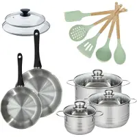 Fackelmann Set pannen 20/24 cm met deksels en 3 braadpannen 16/20/24 cm Genève met 5 keukengerei Oceaan