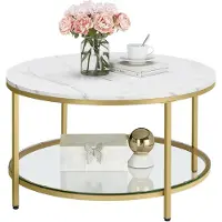 Vasagle Salontafel met 2 planken voor in de woonkamer, Marmerwit + licht goud / 80d cm
