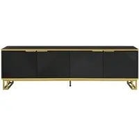OKWISH TV-meubel – Geometrisch Geperste Deurpanelen – 4 Deuren – Zonder LED – Stijlvol Opbergmeubel Met Kabeldoorvoer – MDF Zwart – 160x37,5x48 cm