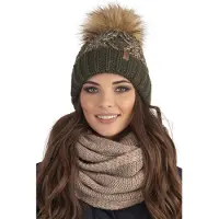 Vivisence Dames Wintermuts pompon - Groen - Warm gebreid - Thermovoering - Antistatisch