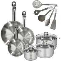 Fackelmann Set van 3 Pannen 20/24/28 cm Eterna met 3 Braadpannen 16/20/24 cm en 5 keukengerei