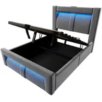 MODFU Bedframe 90x200 cm – Gebogen hoofdbord – LED met app & hydraulisch – Grijs fluweel