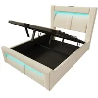 OKWISH Gestoffeerd Bed 90x200 Cm – Led Verlichting Met Appbediening – Hydraulische Opbergruimte – Usb En Type C – Voor Slaapkamer – Fluweel – Beige – Zonder Matras