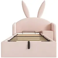OKWISH Kinderbed 90x200 cm - Gestoffeerd Bed Met Konijnenoren En Opbergruimte - Hydraulisch - Met Nachtkastje - Fluweel - Roze - Zonder Matras