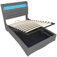 OKWISH Gestoffeerd Bed 90x200cm – Met Ledverlichting – Hydraulische Opbergruimte – Met Usb En Type C – Zonder Matras – Linnen Grijs