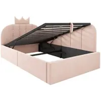 OKWISH Dagbed 90x190 cm - Hydraulische Opbergruimte - L-Vormig Kinder- En Logeerbed - Fluweel - Zonder matras - Roze