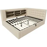 OKWISH Gestoffeerd Bed 140x190 cm - LED-Verlichting & USB-Oplaadpunten - Hydraulische Opbergruimte - Linnen - Beige - Zonder matras