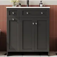 STILVORA vrijstaande wastafel met keramisch wastafelblad, badmeubel met 8 lades, onderkast voor wastafel met soft-close functie en stille lades, zwart