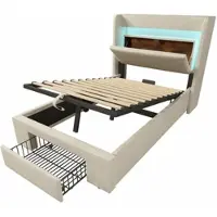 OKWISH Gestoffeerd Bed 90x200cm – Hoofdbord Met Led Verlichting En Oplaadpunten – Hydraulische Opbergruimte En Lade – Zonder Matras – Linnen Beige