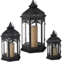 Relaxdays lantaarn - 3 stuks - metaal - binnen en buiten - 3 groottes - vintage windlicht - voor kaarsen - zwart