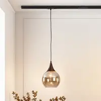 LumenXL 1-fase rail hanglamp Nya met amber rond glas en donkere houtoptiek