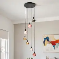 LumenXL 7-lichts hanglamp Monroe - zwart met amber, smoke en roze glas