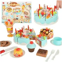 Ikonka DIY Verjaardagstaart Speelset 75-delig – Taart Speelgoed voor Kinderen – Snijtaart met Accessoires – Educatief Keukenspeelgoed – Vanaf 3 Jaar – Blauw