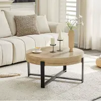 OKWISH Salontafel - Rond Design Met Houtlook Blad En Metalen Kruisframe - Voor Woonkamer Of Slaapkamer - MDF Zwart En Houtkleur - 68 x 36 cm