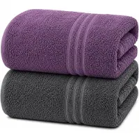 Komfortec Set van 2 Handdoeken 80x200 cm - 100% Katoen - XXL Saunahanddoeken - Badlaken - Strandlaken - Badhanddoek- Douchelaken - Zacht - Hoge Absorptie - Sneldrogend - Antracietgrijs&Violet