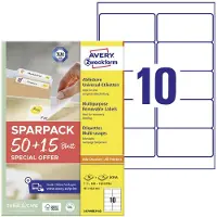 Avery-Zweckform L4744REV-65 Universele etiketten 96 x 50.8 mm Papier Wit 65 vellen Weer verwijderbaar Inkjet, Laser (zwart/wit), Laser (kleur), Kopiëren