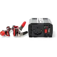 Nedis Omvormer Gemodificeerde Sinusgolf | Ingangsvoltage: 12 V DC | Apparaat stroomoutput: Type F (CEE 7/3) / USB-A | 300 W | Piekvermogen: 600 W | | Zilver - PIM30012FGY