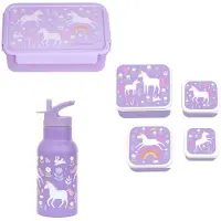 A Little Lovely Company Bundel Back to school set - Drinkfles RVS/4 Snackdozen/Bentobox - Unicorn Dreams