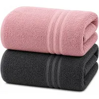 Komfortec Set van 2 Handdoeken 80x200 cm - 100% Katoen - XXL Saunahanddoeken - Badlaken - Strandlaken - Badhanddoek- Douchelaken - Zacht - Hoge Absorptie - Sneldrogend - Antracietgrijs&Roze.