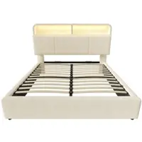 STILVORA Gestoffeerd bed 140x190 cm – Tweepersoonsbed met verstelbaar hoofdeinde – Hydraulisch opbergbed, LED 16 kleuren & USB/Type-C – Fluweel – Beige – Zonder matras