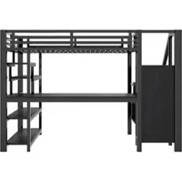 STILVORA Metalen Hoogslaper 140x200cm – Met Trap, Bureau, Open Kledingkast, 4-Laags Rek, Led & Usb – Zonder Matras – Zwart