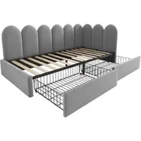 STILVORA Gestoffeerd Bed 90x200 cm – Daybed Met Lattenbodem – Omkeerbare L Vorm – 2 Opberglades – Voor Jeugd Logeerkamer – Fluweel – Zonder matras – Grijs