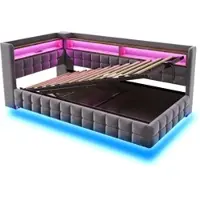 STILVORA Gestoffeerd Bed 90x200 cm – Eenpersoonsbed Met Hydraulische Opbergruimte & LED Met USB/Type-C – Fluweel – Grijs – Zonder Matras
