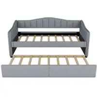 STILVORA Slaapbank 90x200 cm – Eenpersoonsbed met uittrekbaar bed – LED-licht app-bediening – Voor kleine kamers – Linnen;MDF – Grijs – Zonder matras