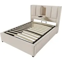 STILVORA Gestoffeerd Bed 90x200cm – Eenpersoonsbed Met Verborgen Bekerhouder En Laadstation – Hydraulische Opbergruimte Onder Bed – Linnen – Beige – Met Matras