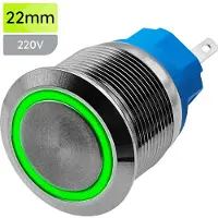 Proride Metalen Pulsschakelaar 220V OFF-(ON) - 22mm - Momentschakelaar - Spatwaterdicht - LED Indicatie Groen