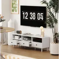 STILVORA TV Meubel - Met 3 Open Vakjes, 3 Lades En Kabelmanagement - Voor Woonkamer En Tv Tot 75 Inch - Wit - Spaanplaat - 140 X 34 X 45 Cm