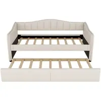 STILVORA Eenpersoonsbed 90x200 cm – Uitschuifbaar Onderschuifbed en Slaapbank – LED-Sfeerverlichting – Linnen;MDF – Beige – Zonder Matras