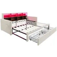 STILVORA Gestoffeerd Bed 90 x 190 cm – Uitschuifbaar Tot 180 cm – Hoofdbord Met Opbergvakken, Ledverlichting & Oplaadpoorten – 2 Lades – Zonder matras – Beige