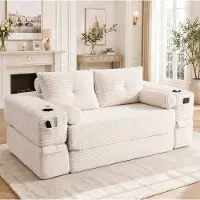 OKWISH Slaapbank 180 x 98 cm - 2-Zits Uitklapbare Bank Met Bekerhouder, Zijvakken En Memory-Kussens - Woonkamer - Corduroy - Beige