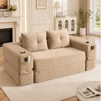 OKWISH Slaapbank 2 Persoons 180 x 98 x 80 cm Uitklapbaar Met Bekerhouder Zijvakken Memory Kussens Voor Woonkamer Corduroy Khaki