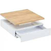 OKWISH Salontafel – 360° Draaibaar – 1 Lade – Hoogglans Wit Onderkant – Minimalistisch Met Opbergruimte – Spaanplaat Notenbruin+Wit – 70x70x36 cm