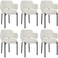 Puluomis eethoekstoelen, set van 6, keukenstoelen, gestoffeerde stoelen met gebogen rugleuning en armleuningen, kleur: wit (bouclé)