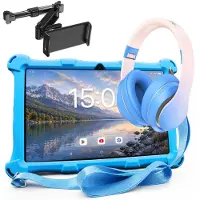 AngelTech Luxe OnderwegPakket XL – Kindertablet XL Blauw + Kinderkoptelefoon + Tablethouder - Kindertablet Vanaf 3 Jaar – Kinder Tablet – Kids Tablet - Tablet voor Kinderen