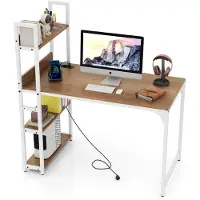 Costway bureau met oplaadstation, computerbureau met boekenkast en metalen frame, houten bureau met USB-poorten en stopcontacten, computerbureau, natuurlijke uitstraling