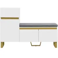 OKWISH Schoenenkast – Modern Entree Meubel – 120×35×85 cm – 2 Deuren – 1 Lade – Met Gepolsterde Zitbank En Open Vak – Hoogglans Wit+Goud – MDF